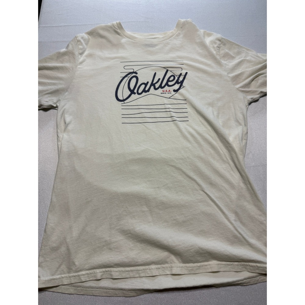 Oakley Mens XL Cream Graphic T-Shirt Short Sleeve Script Logo Regular Fit Cotton